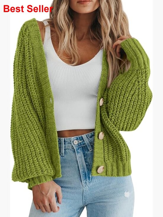 Sweaters - Chunky Knit Open Front Cardigan Sweater Long Sleeve Button Loose Outerwear